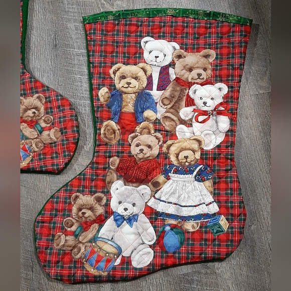 Vintage Handmade 80s Christmas Teddy Bear Stocking Quilted 14 1/2" x 21" Holiday - Picture 3 of 5